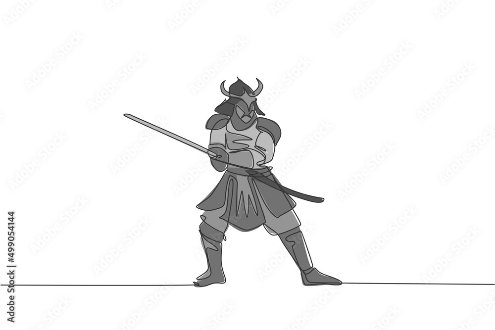 One continuous line drawing of young bravery samurai shogun wearing mask ready to attack at training session. Martial art combative sport concept. Dynamic single line draw design vector illustration One continuous line drawing of young bravery samurai shogun wearing mask ready to attack at training session. Martial art combative sport concept. Dynamic single line draw design vector illustration