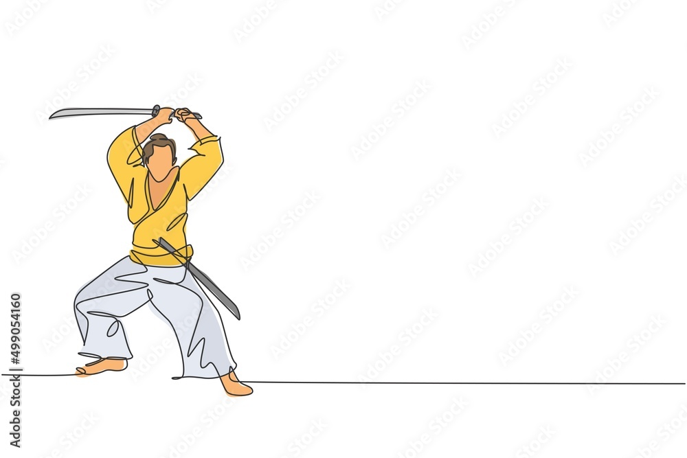Fototapeta premium Single continuous line drawing of young strong samurai warrior wearing traditional uniform holding sword at festival. Ancient fighter soldier concept. Trendy one line draw design vector illustration