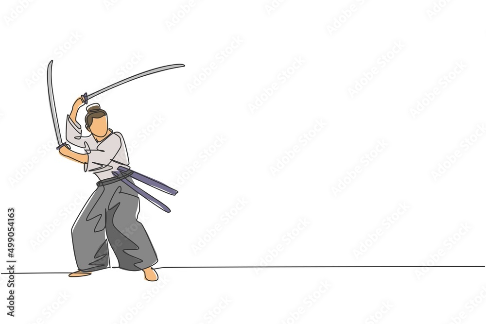 Obraz premium One continuous line drawing of young bravery samurai warrior pose ready to attack at training session. Martial art combative sport concept. Dynamic single line draw design graphic vector illustration