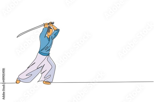 One continuous line drawing of young bravery samurai warrior pose ready to attack at training session. Martial art combative sport concept. Dynamic single line draw graphic design vector illustration