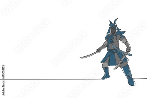 Quadro su tela Single continuous line drawing of young strong samurai shogun wearing traditional uniform holding sword at festival