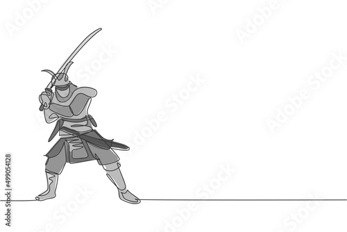 One continuous line drawing of young bravery samurai shogun wearing mask ready to attack at training session. Martial art combative sport concept. Dynamic single line draw design vector illustration