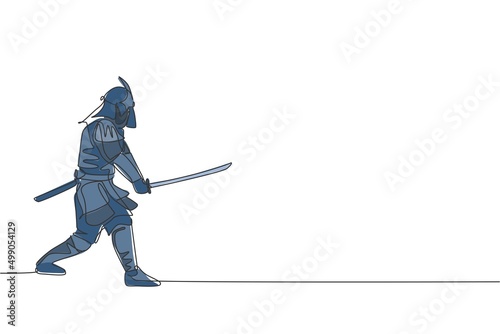 One single line drawing of young Japanese samurai warrior holding katana sword practicing at dojo center vector illustration graphic. Combative martial art concept. Modern continuous line draw design