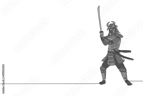 One continuous line drawing of young bravery samurai shogun wearing mask ready to attack at training session. Martial art combative sport concept. Dynamic single line draw design vector illustration