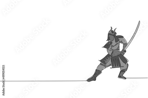 One continuous line drawing of young bravery samurai shogun wearing mask ready to attack at training session. Martial art combative sport concept. Dynamic single line draw design vector illustration