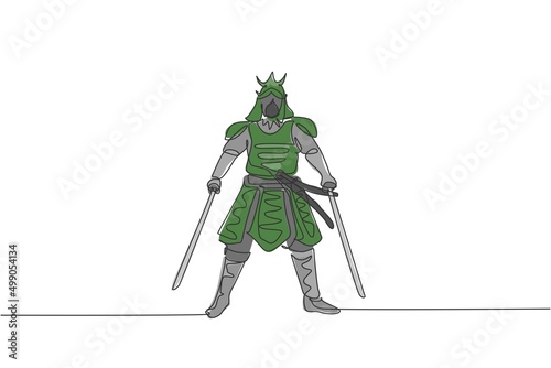 One single line drawing of young Japanese samurai warrior holding katana sword practicing at dojo center vector graphic illustration. Combative martial art concept. Modern continuous line draw design