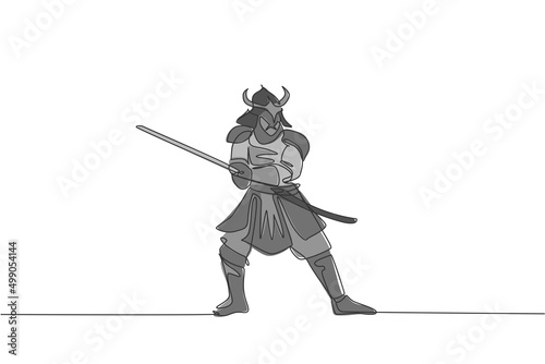 One continuous line drawing of young bravery samurai shogun wearing mask ready to attack at training session. Martial art combative sport concept. Dynamic single line draw design vector illustration