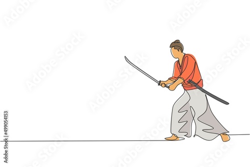 One continuous line drawing of young bravery samurai warrior pose ready to attack at training session. Martial art combative sport concept. Dynamic single line draw design vector graphic illustration