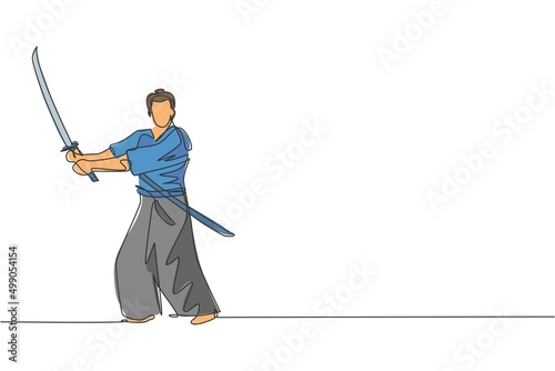 One single line drawing of young Japanese samurai warrior holding katana sword practicing at dojo center graphic vector illustration. Combative martial art concept. Modern continuous line draw design