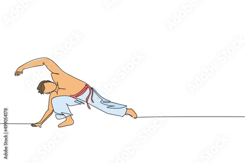 One single line drawing of young energetic man capoeira dancer perform dancing fight vector illustration graphic. Traditional martial art lifestyle sport concept. Modern continuous line draw design