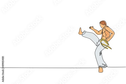Single continuous line drawing of young sportive man practice Brazilian capoeira move dance at outdoor street. Culture martial art and sport concept. Trendy one line draw design vector illustration