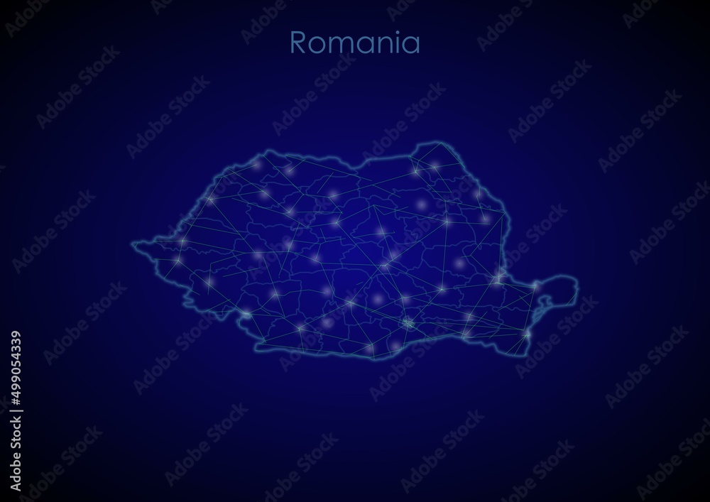 Romania concept map with glowing cities and network covering the country, map of Romania suitable for technology or innovation or internet concepts.