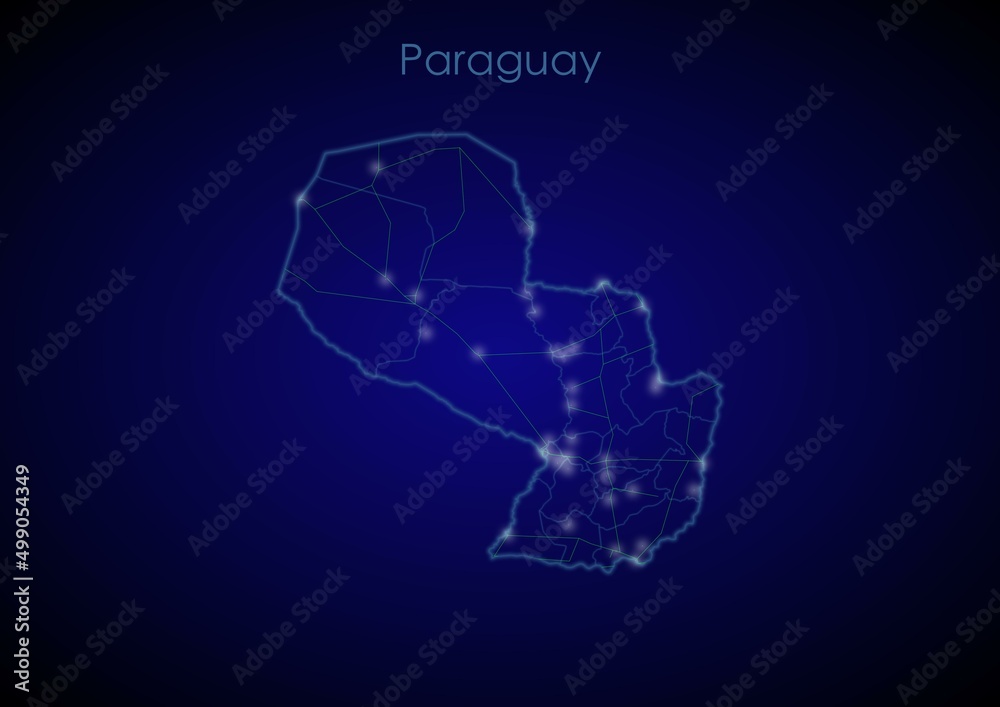 Paraguay concept map with glowing cities and network covering the country, map of Paraguay suitable for technology or innovation or internet concepts.