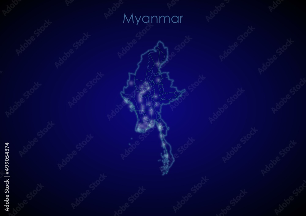 Myanmar concept map with glowing cities and network covering the country, map of Myanmar suitable for technology or innovation or internet concepts.