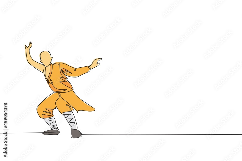 Single continuous line drawing young muscular shaolin monk man train martial art at shaolin temple. Traditional Chinese kung fu fight concept. Trendy one line draw design graphic vector illustration