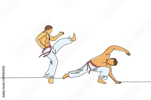 Single continuous line drawing of two young sportive men practice Brazilian capoeira move dance at outdoor street. Culture martial art sport concept. Trendy one line draw design vector illustration