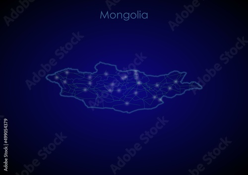 Mongolia concept map with glowing cities and network covering the country, map of Mongolia suitable for technology or innovation or internet concepts.