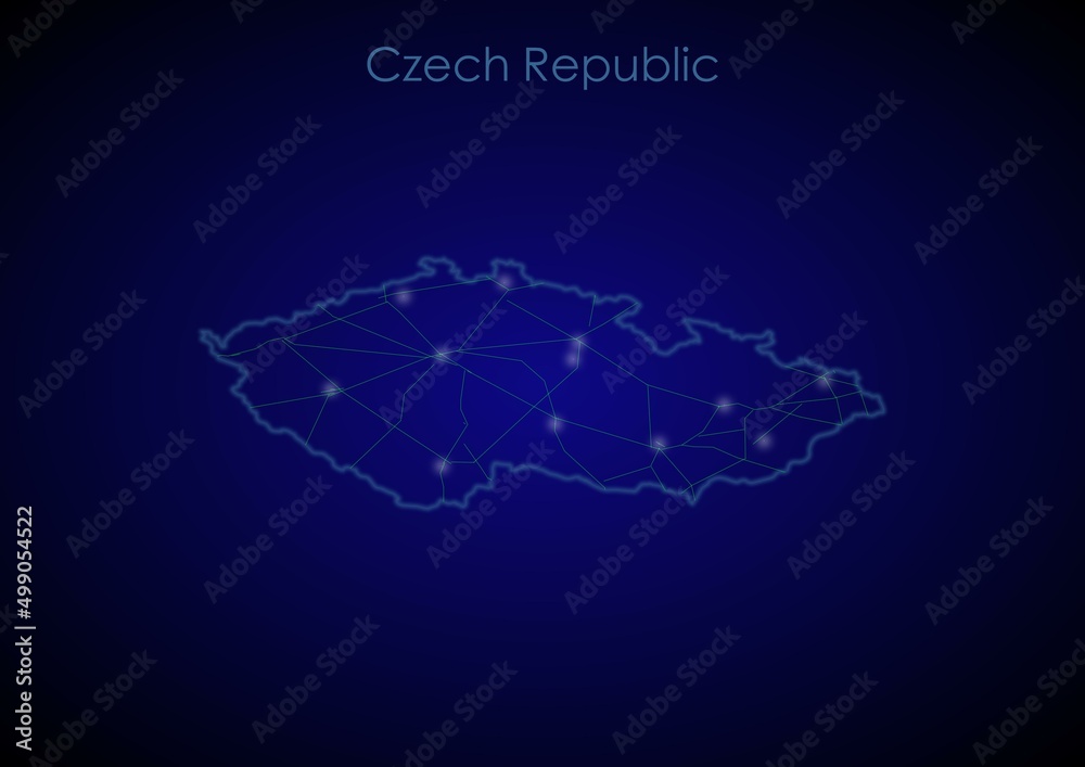 Czech Republic concept map with glowing cities and network covering the country, map of Czech Republic suitable for technology or innovation or internet concepts.