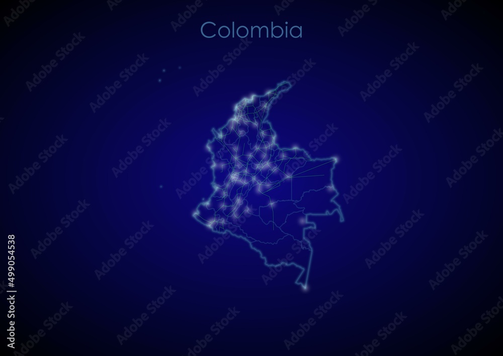 Fototapeta premium Colombia concept map with glowing cities and network covering the country, map of Colombia suitable for technology or innovation or internet concepts.