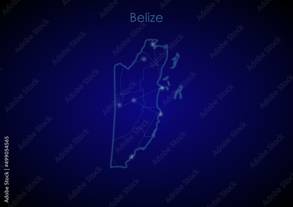 Belize concept map with glowing cities and network covering the country, map of Belize suitable for technology or innovation or internet concepts.