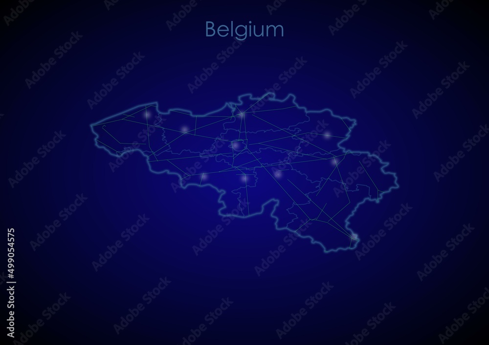 Belgium concept map with glowing cities and network covering the country, map of Belgium suitable for technology or innovation or internet concepts.