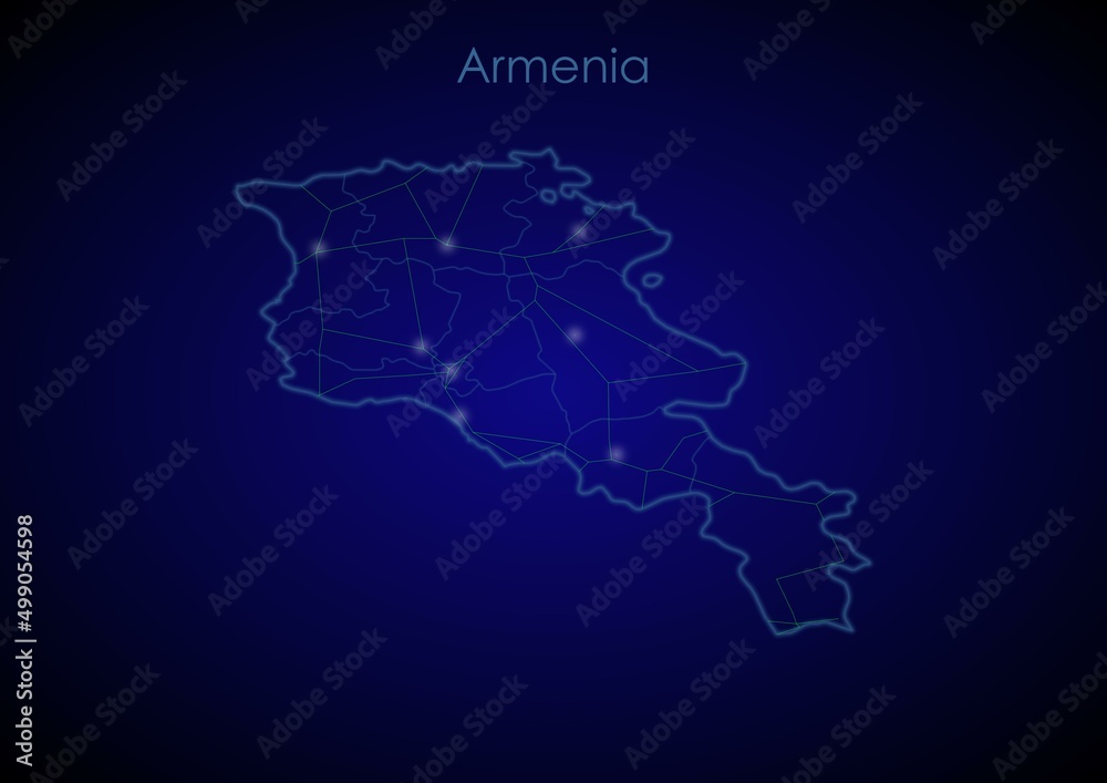 Armenia concept map with glowing cities and network covering the country, map of Armenia suitable for technology or innovation or internet concepts.