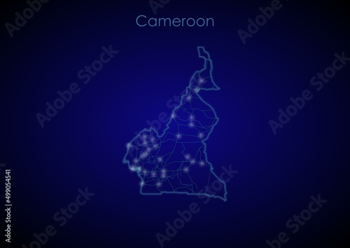Cameroon concept map with glowing cities and network covering the country, map of Cameroon suitable for technology or innovation or internet concepts.