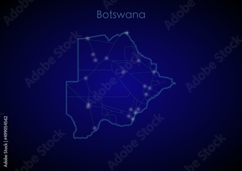 Botswana concept map with glowing cities and network covering the country  map of Botswana suitable for technology or innovation or internet concepts.