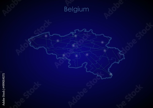 Belgium concept map with glowing cities and network covering the country  map of Belgium suitable for technology or innovation or internet concepts.