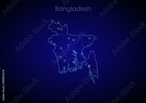 Bangladesh concept map with glowing cities and network covering the country  map of Bangladesh suitable for technology or innovation or internet concepts.
