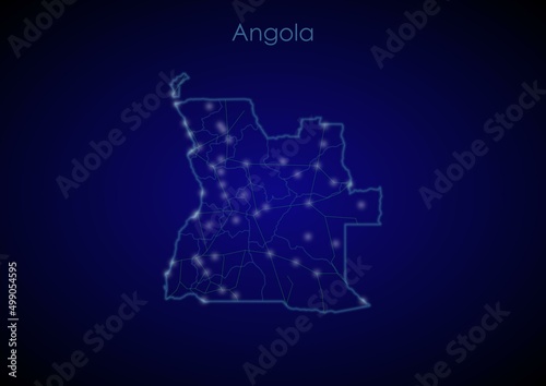 Angola concept map with glowing cities and network covering the country, map of Angola suitable for technology or innovation or internet concepts.