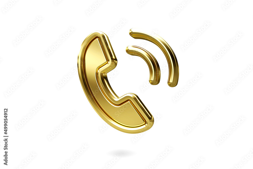 Light shiny on 3d gold phone icon isolated on white background. Gold texture, 3D Rendering.