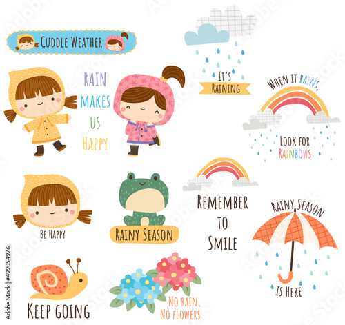 digital stickers of cute kids in rainy seasons