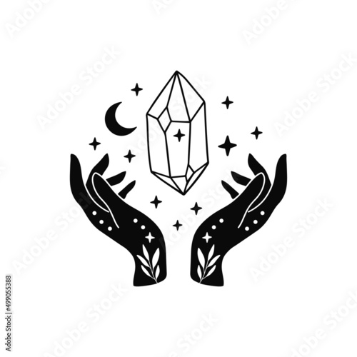 Mystical witchy woman hands with crystal, moon, stars. Celestial vector illustration. Esoteric spiritual symbol. Wicca occult concept for t shirt print, magic card, boho poster.