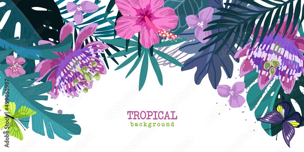 Obraz premium Tropical floral background, hand drawn cartoon art