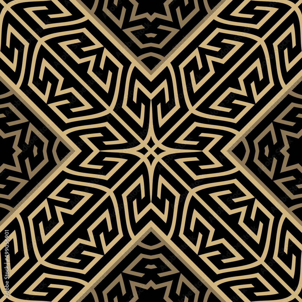 Gold tribal ethnic seamless pattern. Greek ornamental rhombus background. Repeat backdrop. Golden lines ornaments. Modern abstract design. Endless texture. Vector. Rhombus frames, mazes, shapes, sign