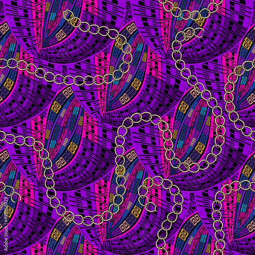 Fantasy bright seamless pattern. Modern ornamental greek style background. Greek key meanders, chains. Beautiful ornaments. Deorative repeat vector backdrop in violet colors. Colorful tiled patterns