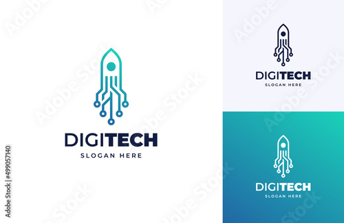 Space technology rocket launch wire vector logo design, Creative digital modern rocket flight logo design