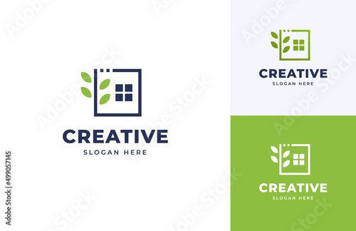Leaf house fresh nature beautiful garden vector logo design, Creative interior box home natural outdoor logo design