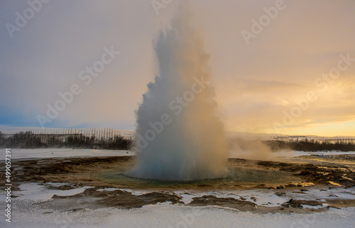 Icelandic Geyser during golden hour in winter 