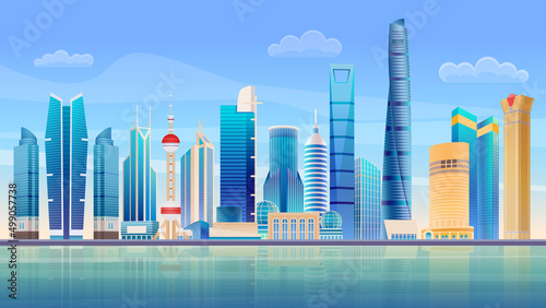 Shanghai City panorama skyline. High skyscrapers modern cityscape. Vector illustration.