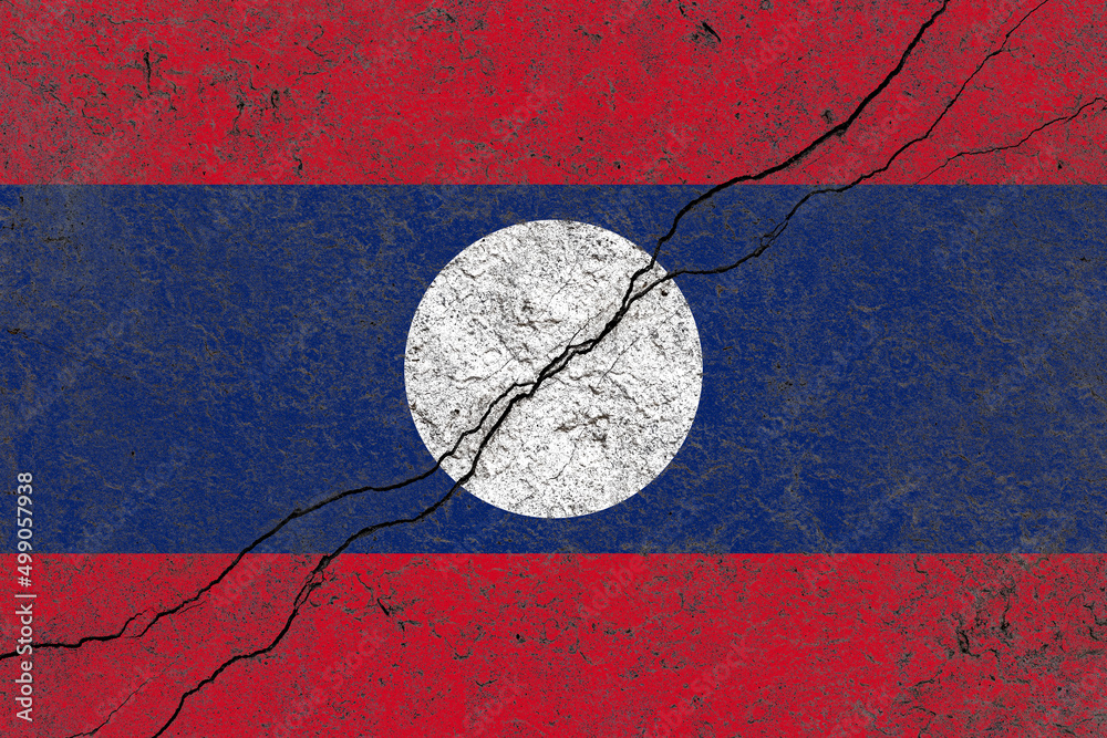 Laos flag painted on a cracked old concrete wall surface