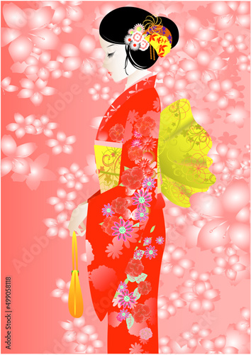 女性、着物、和服、桜