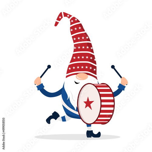 Patriotic american gnome. Cute scandinavian dwarf with drum. Elf celebrate Independence day in the United States. Happy 4th of july. Vector illustration in flat cartoon style. National freedom day.