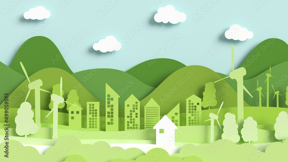Paper landscape art style with eco-green city, the concept of saving the planet and energy. Eco-friendly city cut out of paper, 3d illustration in a flat style.