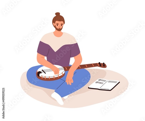 Musician at creative crisis, burnout. Man, bonjo player failed in learning to play string instrument. Creativity problems, difficulties concept. Flat vector illustration isolated on white background