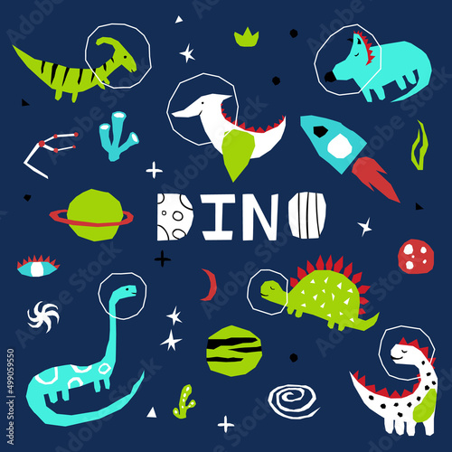 Cutout style dino in space icons set