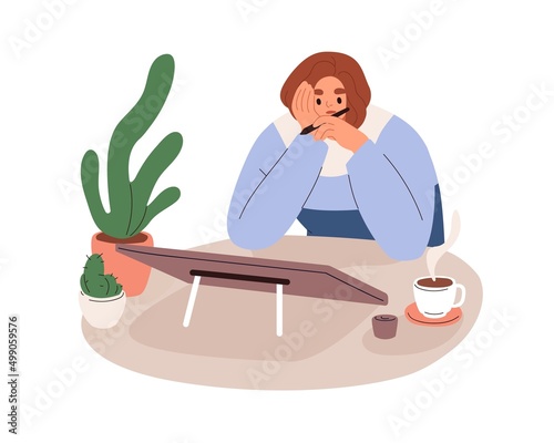 Creative crisis concept. Sad uninspired digital artist, illustrator with lack ideas at tablet PC. Tired designer woman with creativity problems. Flat vector illustration isolated on white background