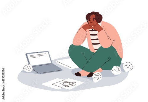 Writers burnout, creative crisis concept. Thoughtful copywriter creating, writing, thinking with laptop and crumpled papers around. Lack of ideas. Flat vector illustration isolated on white background