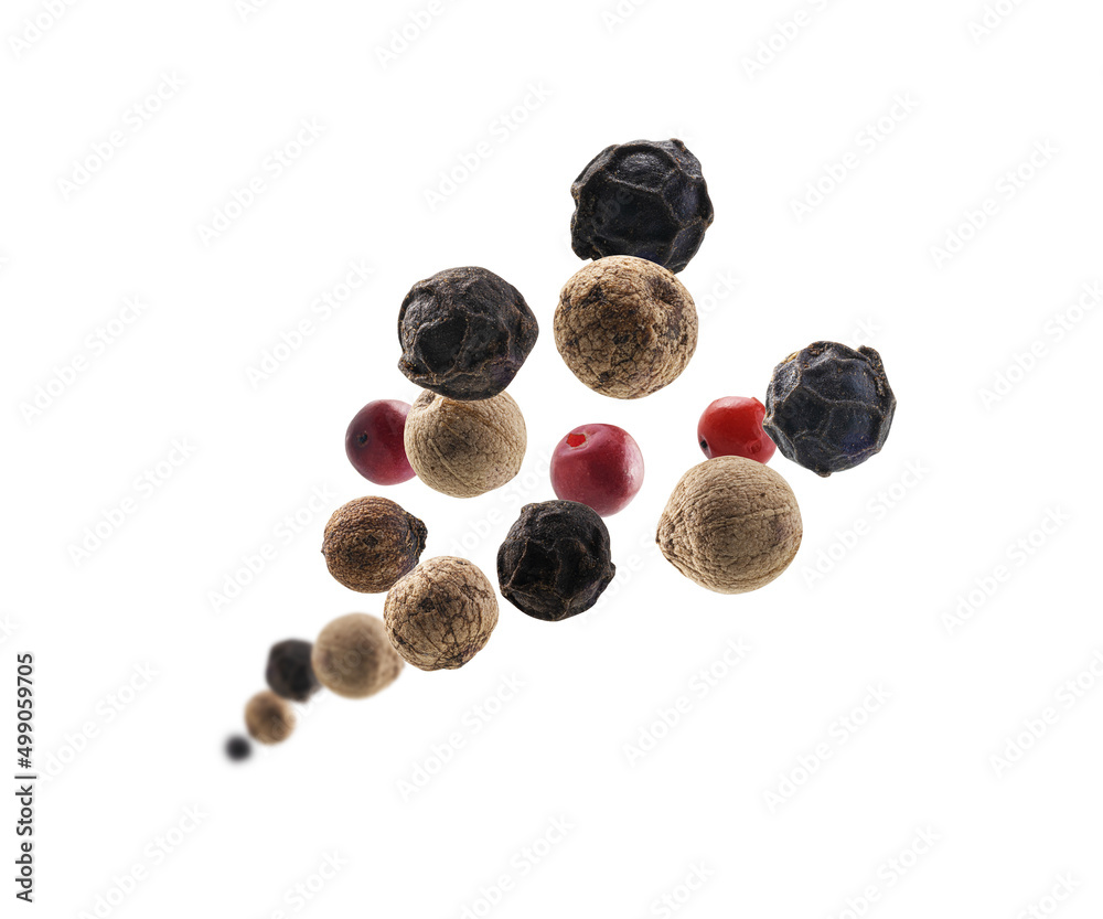 Mixed of peppers hot, red, black, white and green pepper isolated on white background Mixed of peppers hot, red, black, white and green pepper isolated on white background